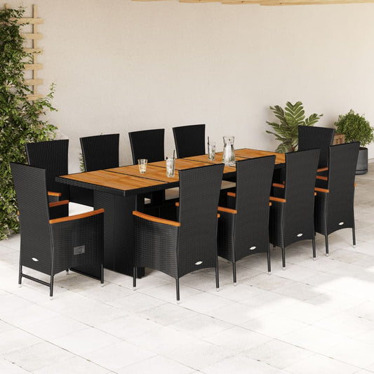Set da Pranzo da Giardino 11 pz con Cuscini in Polyrattan Nero