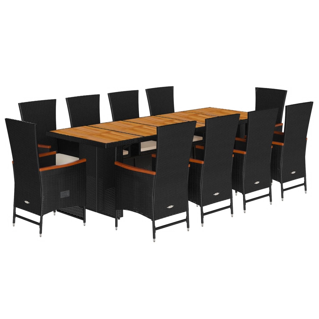 Set da Pranzo da Giardino 11 pz con Cuscini in Polyrattan Nero