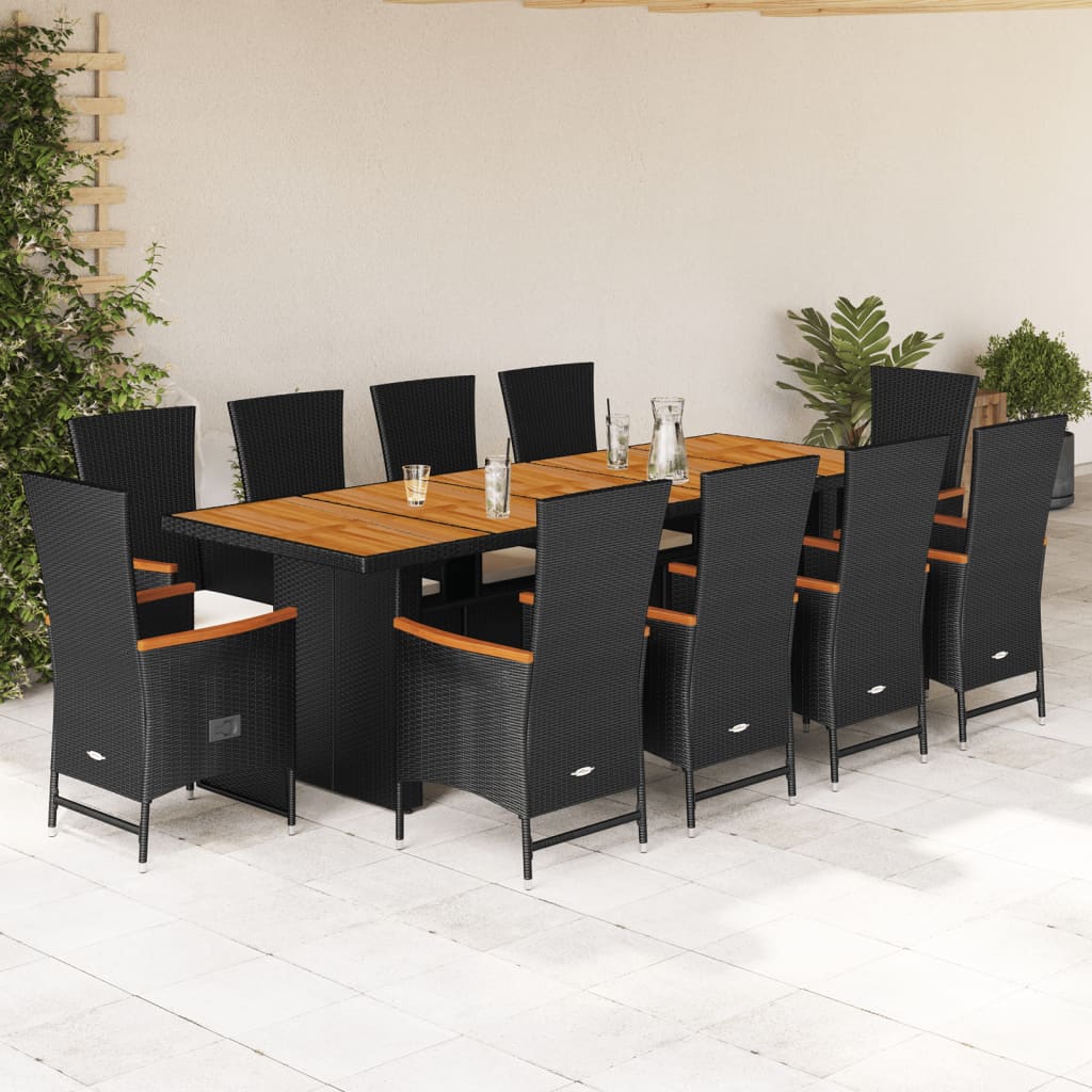 Set da Pranzo da Giardino 11 pz con Cuscini in Polyrattan Nero