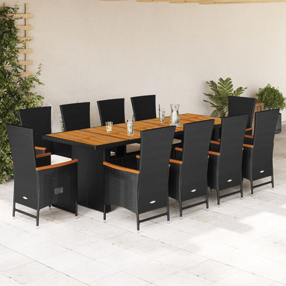 Set da Pranzo da Giardino 11 pz con Cuscini in Polyrattan Nero