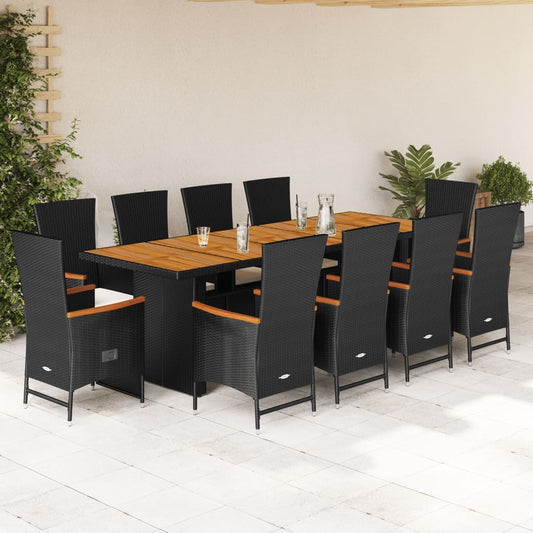 Set da Pranzo da Giardino 11 pz con Cuscini in Polyrattan Nero