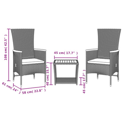 Set da Pranzo da Giardino 3 pz con Cuscini Nero in Polyrattan | homemem39