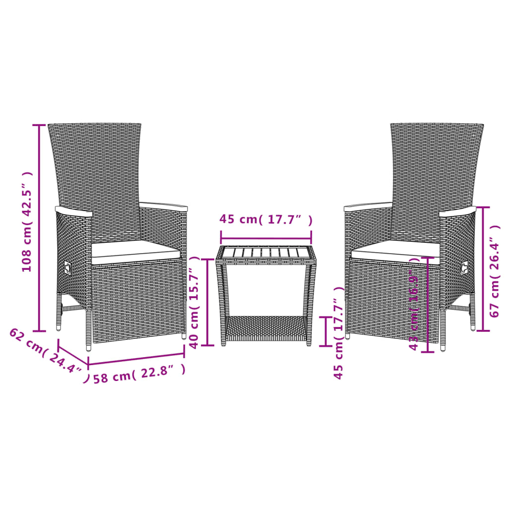 Set da Pranzo da Giardino 3 pz con Cuscini Nero in Polyrattan | homemem39