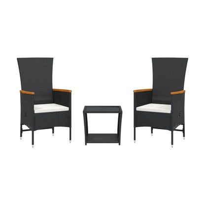 Set da Pranzo da Giardino 3 pz con Cuscini Nero in Polyrattan