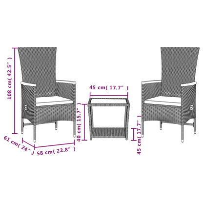 Set da Pranzo da Giardino 3 pz con Cuscini Nero in Polyrattan