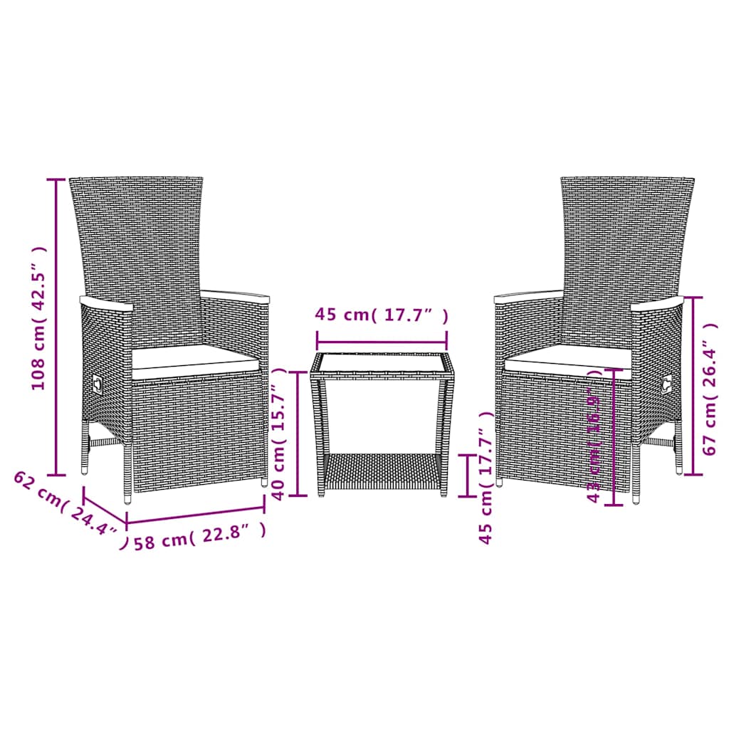 Set da Pranzo da Giardino 3 pz con Cuscini Nero in Polyrattan | homemem39