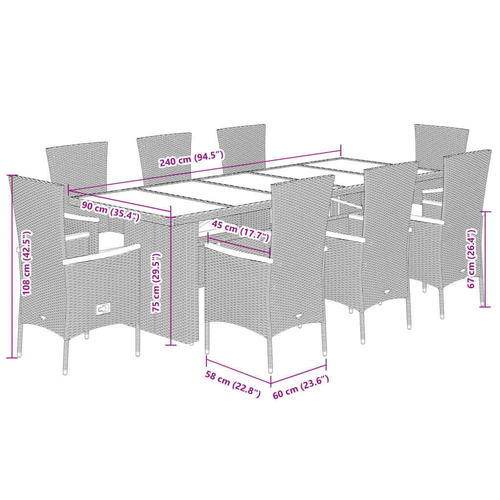 Set da Pranzo da Giardino 9 pz con Cuscini in Polyrattan Grigio | homemem39