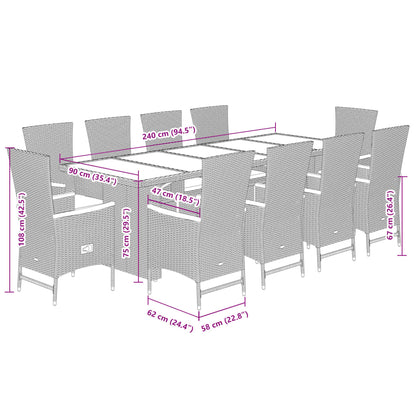 Set da Pranzo da Giardino 11pz con Cuscini in Polyrattan Grigio