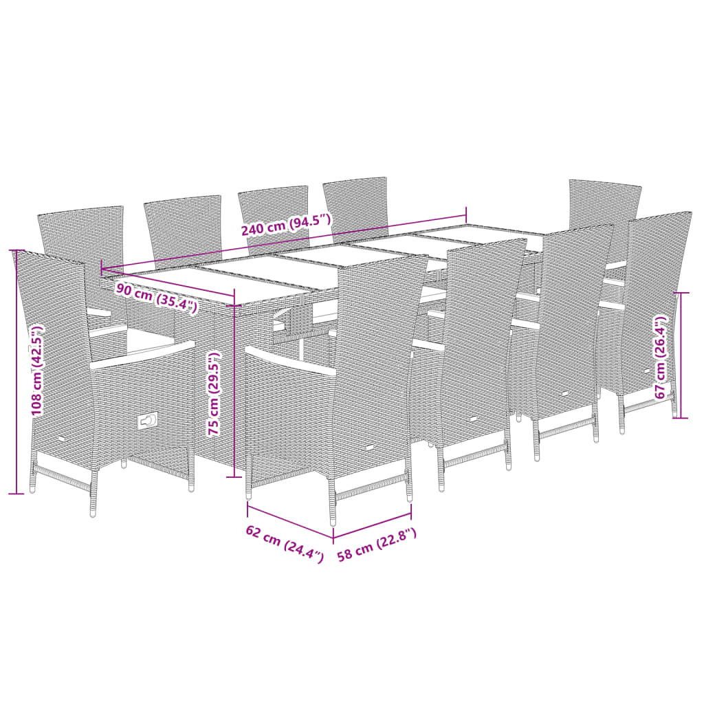Set da Pranzo da Giardino 11pz con Cuscini in Polyrattan Grigio