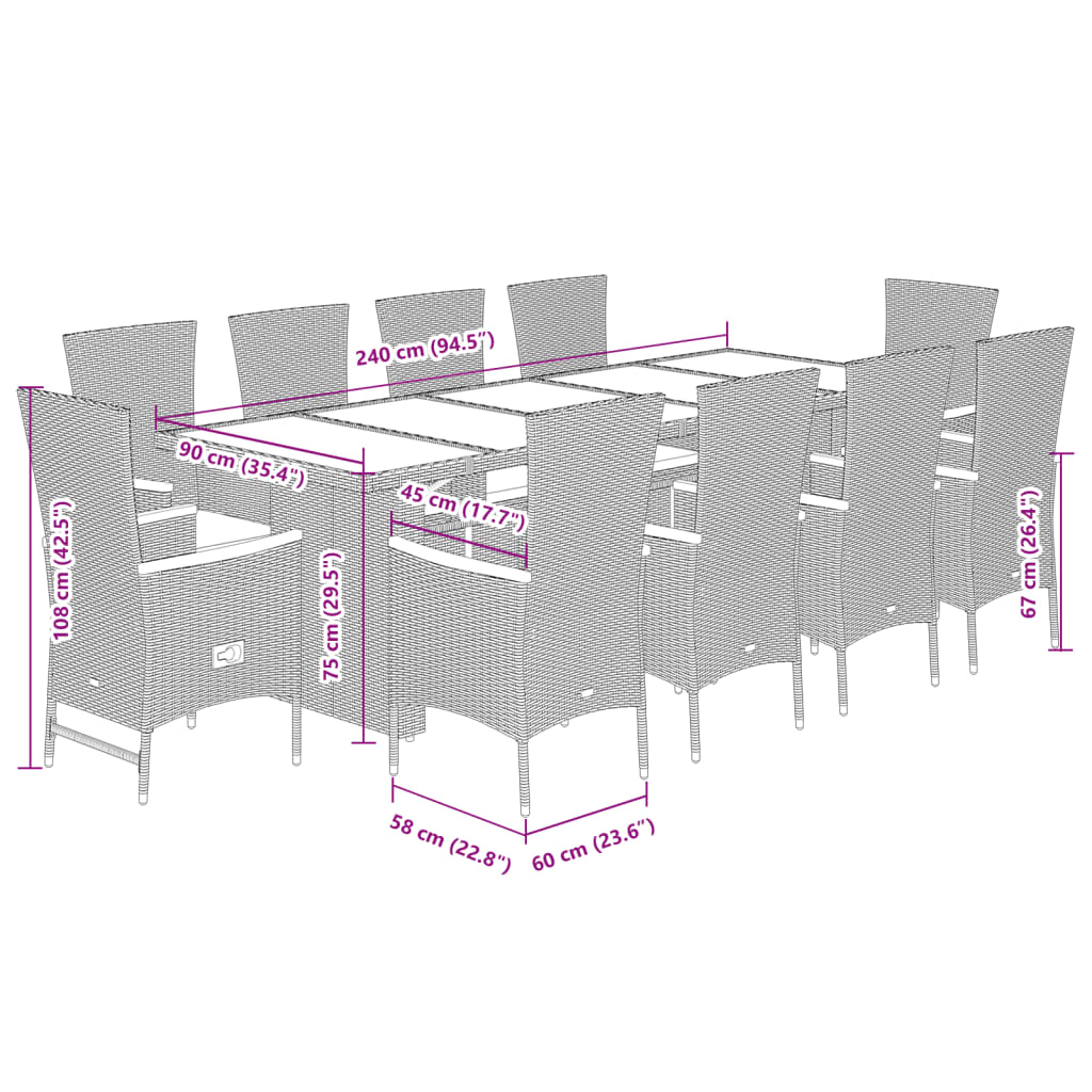Set da Pranzo da Giardino 11pz con Cuscini in Polyrattan Grigio | homemem39