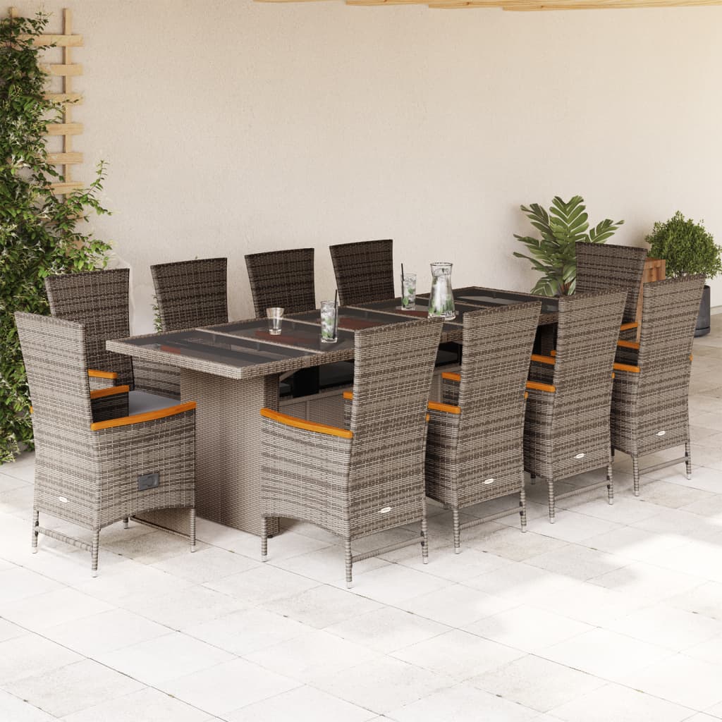Set da Pranzo da Giardino 11pz con Cuscini in Polyrattan Grigio