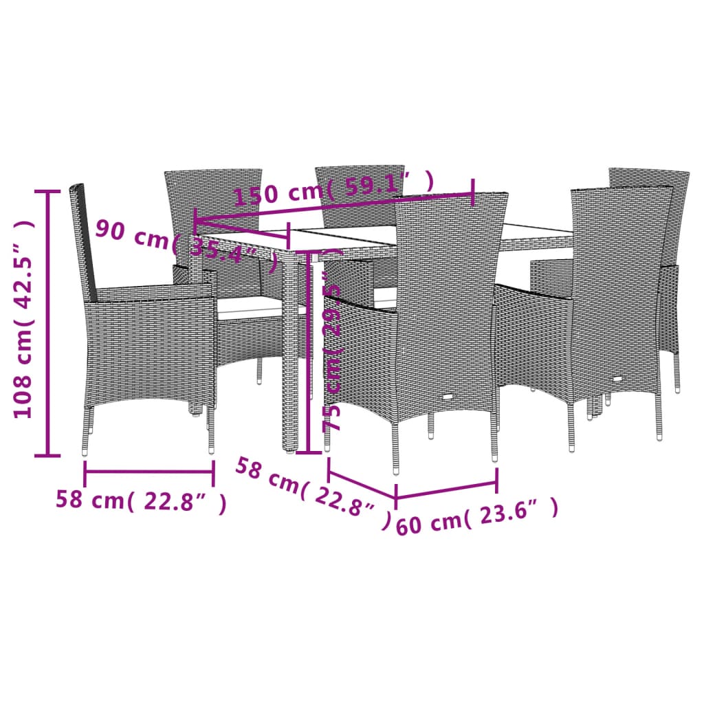Set da Pranzo da Giardino 7 pz con Cuscini Beige in Polyrattan | homemem39