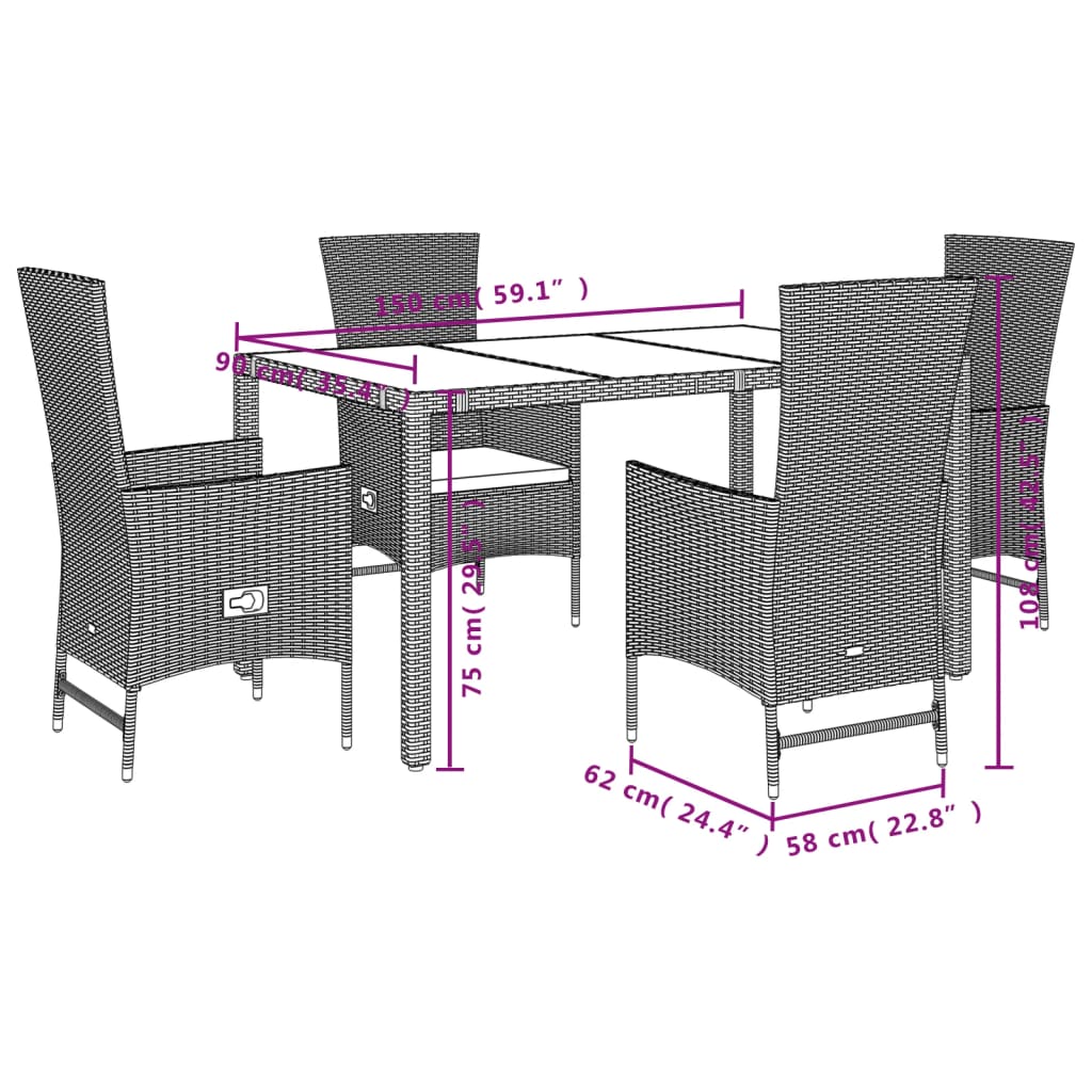 Set da Pranzo da Giardino 5 pz con Cuscini Beige in Polyrattan | homemem39