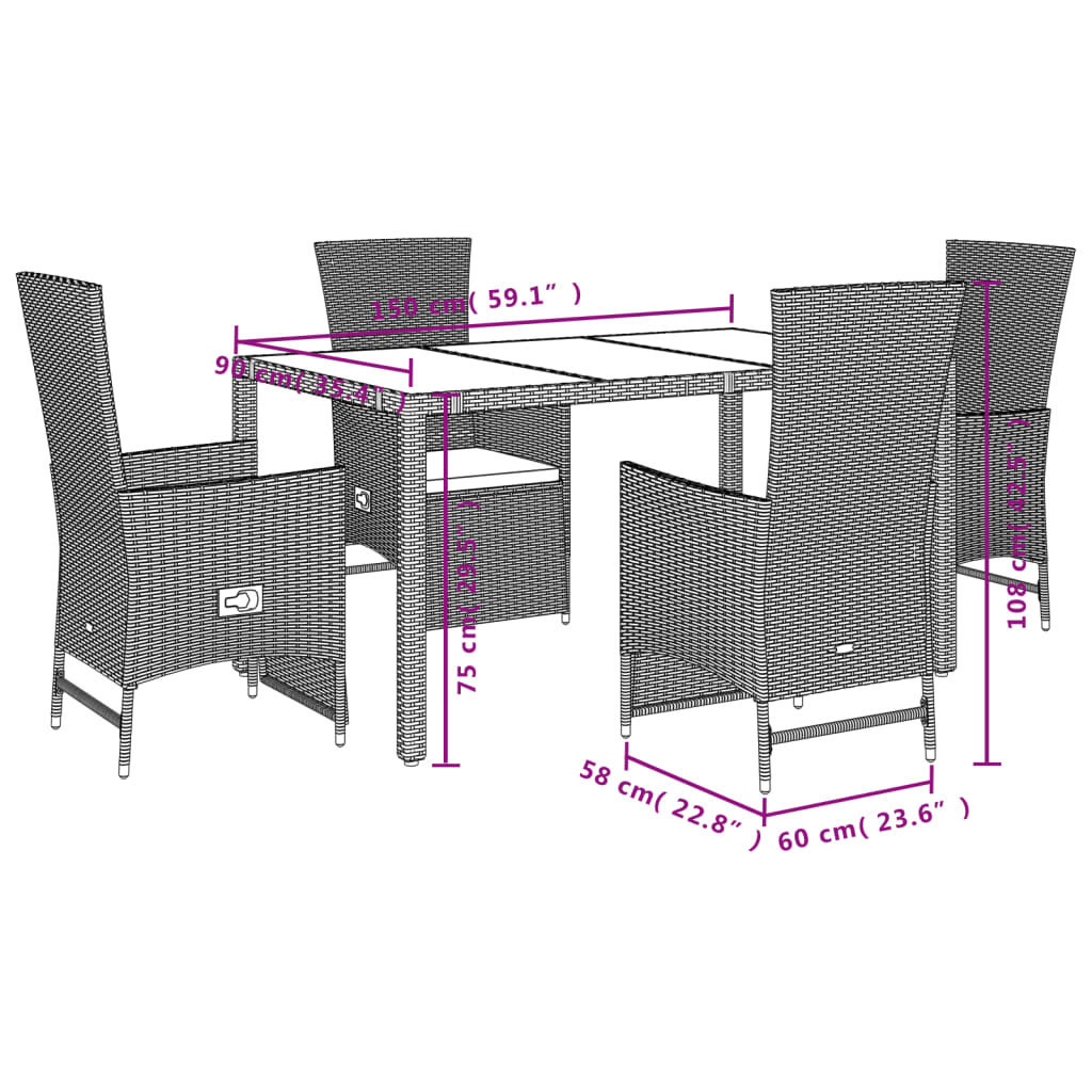 Set da Pranzo da Giardino 5 pz con Cuscini Beige in Polyrattan | homemem39