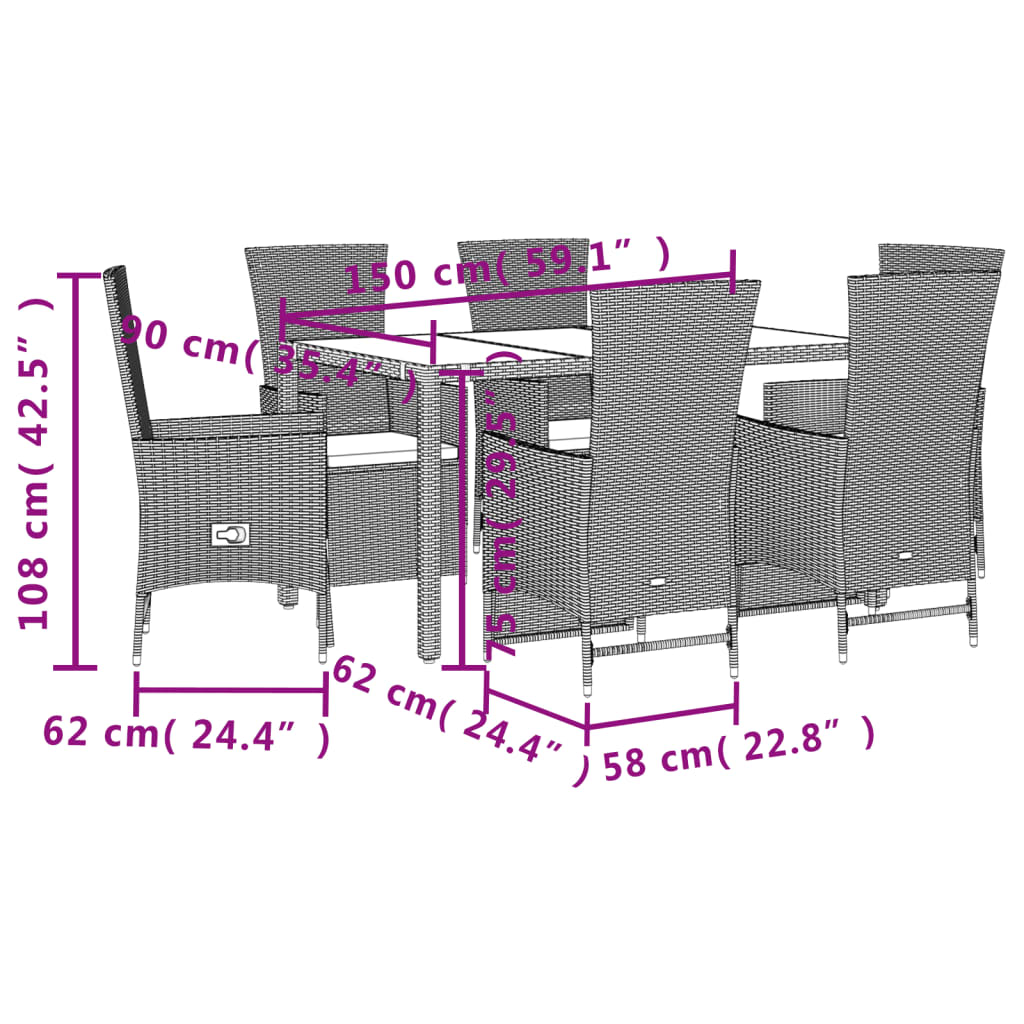 Set da Pranzo da Giardino 7 pz con Cuscini Beige in Polyrattan | homemem39
