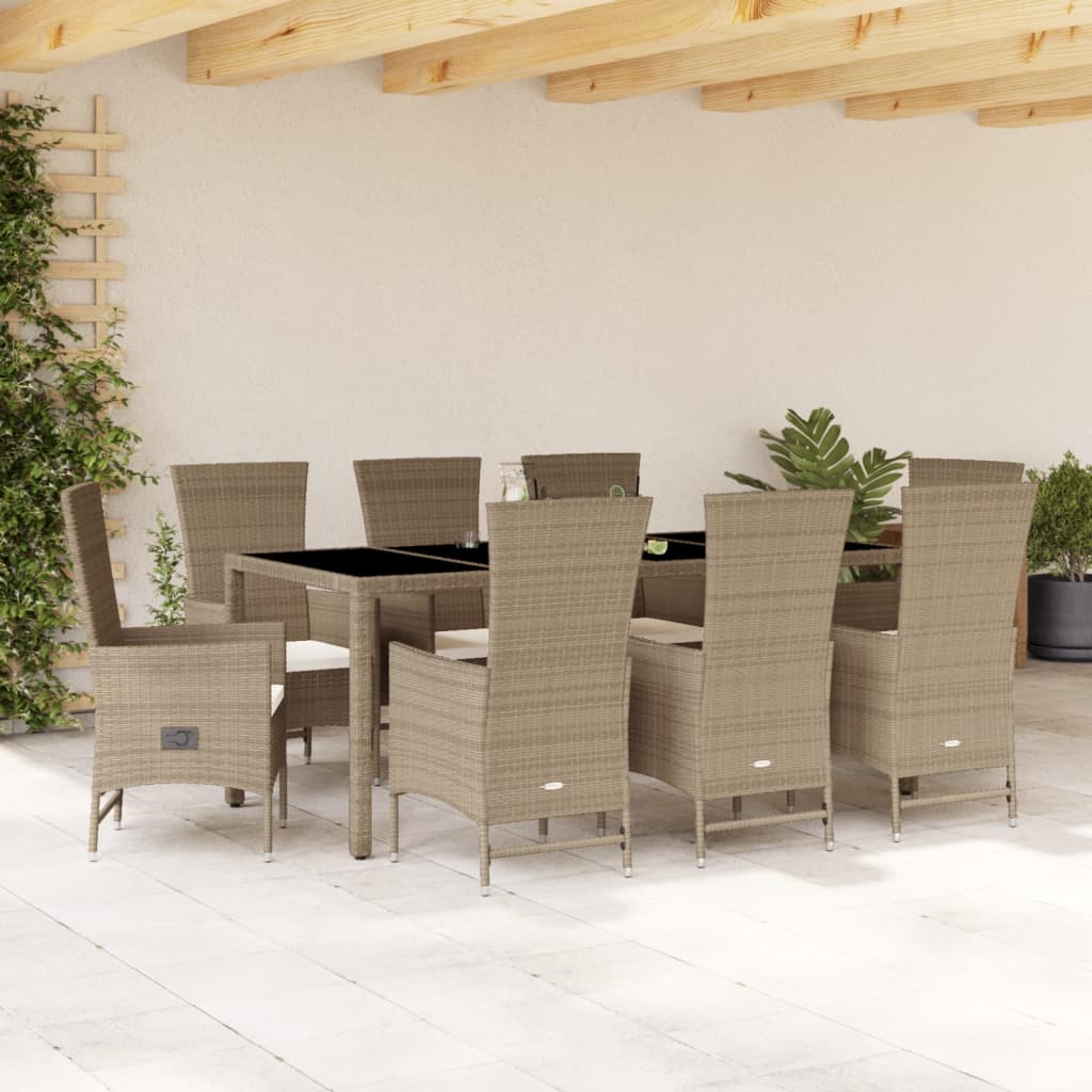 Set da Pranzo da Giardino 9 pz con Cuscini Beige in Polyrattan - homemem39