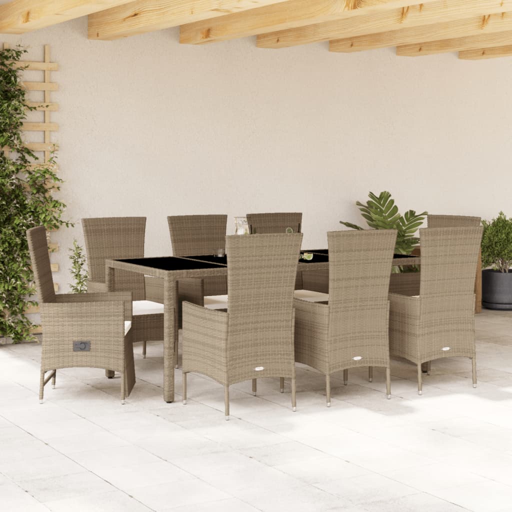Set da Pranzo da Giardino 9 pz con Cuscini Beige in Polyrattan | homemem39