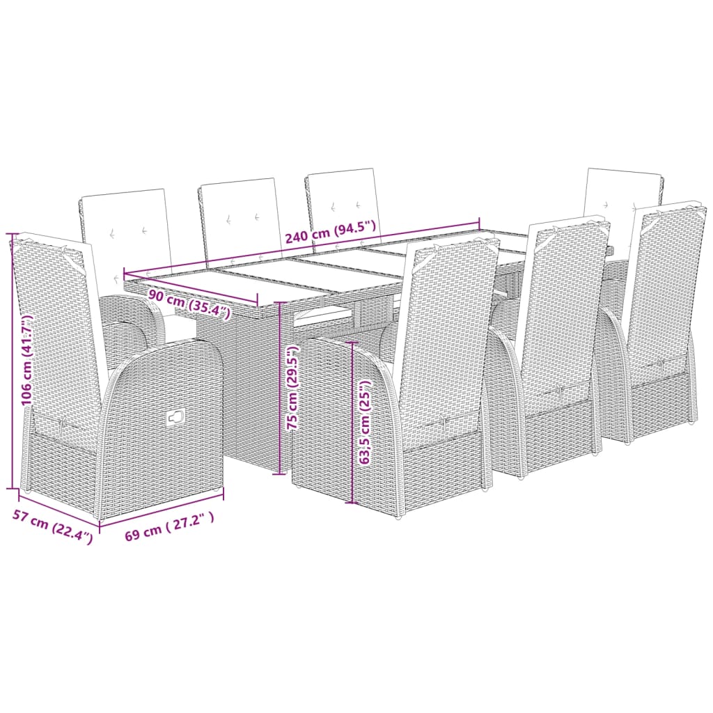 Set da Pranzo da Giardino 9 pz con Cuscini in Polyrattan Grigio