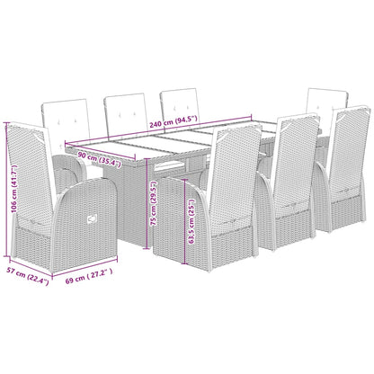 Set da Pranzo da Giardino 9 pz con Cuscini in Polyrattan Grigio