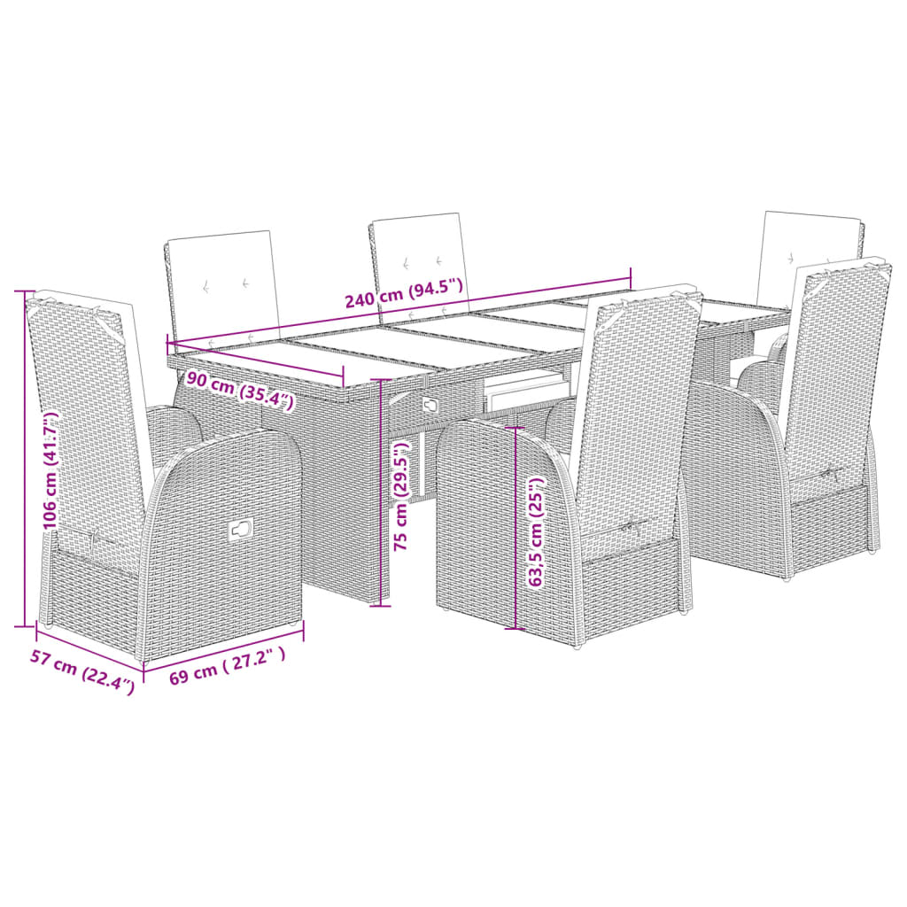 Set da Pranzo da Giardino 7 pz con Cuscini in Polyrattan Grigio | homemem39
