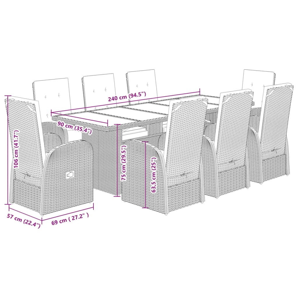 Set da Pranzo da Giardino 9 pz con Cuscini in Polyrattan Grigio | homemem39