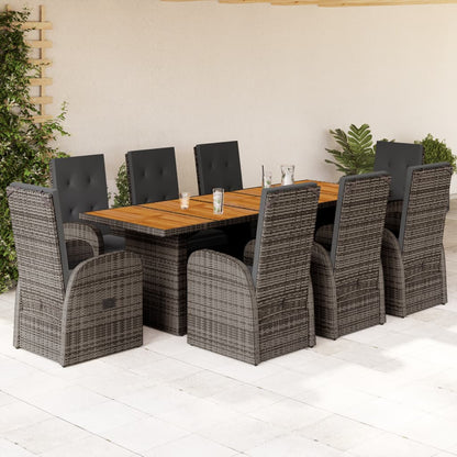Set da Pranzo da Giardino 9 pz con Cuscini in Polyrattan Grigio
