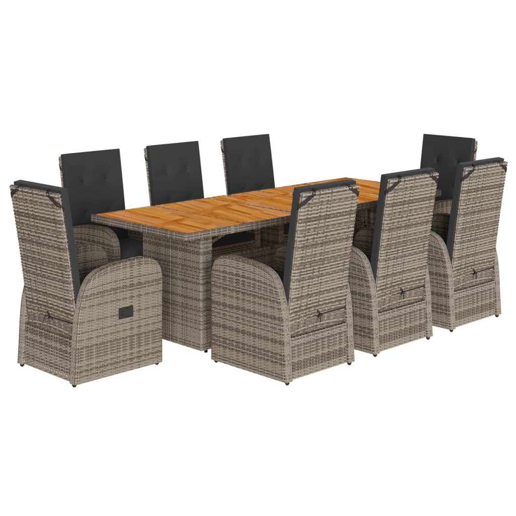 Set da Pranzo da Giardino 9 pz con Cuscini in Polyrattan Grigio