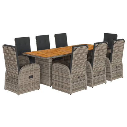 Set da Pranzo da Giardino 9 pz con Cuscini in Polyrattan Grigio