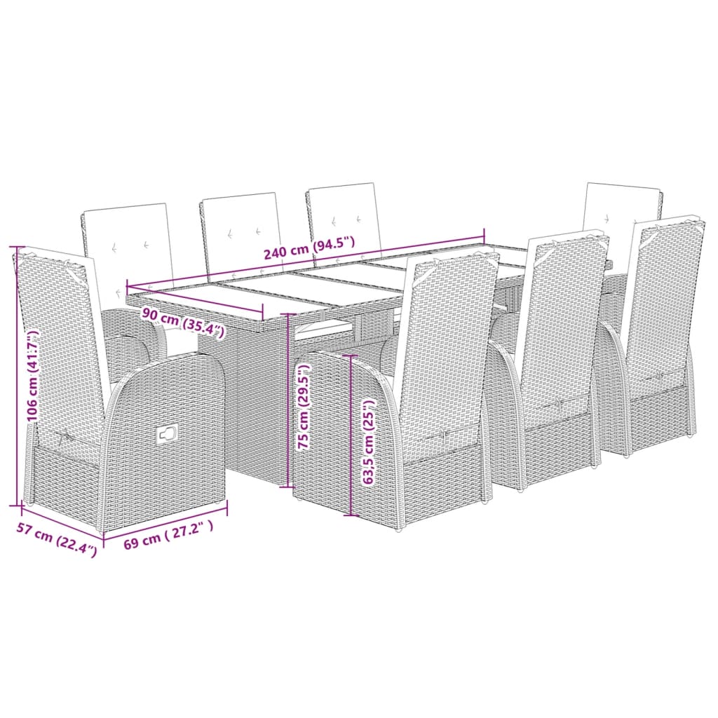 Set da Pranzo da Giardino 9 pz con Cuscini in Polyrattan Grigio | homemem39