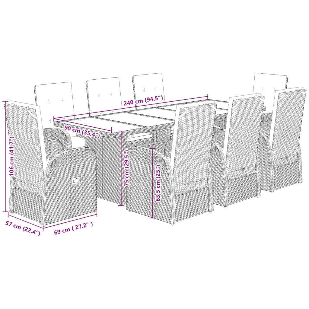 Set da Pranzo da Giardino 9 pz con Cuscini in Polyrattan Grigio | homemem39