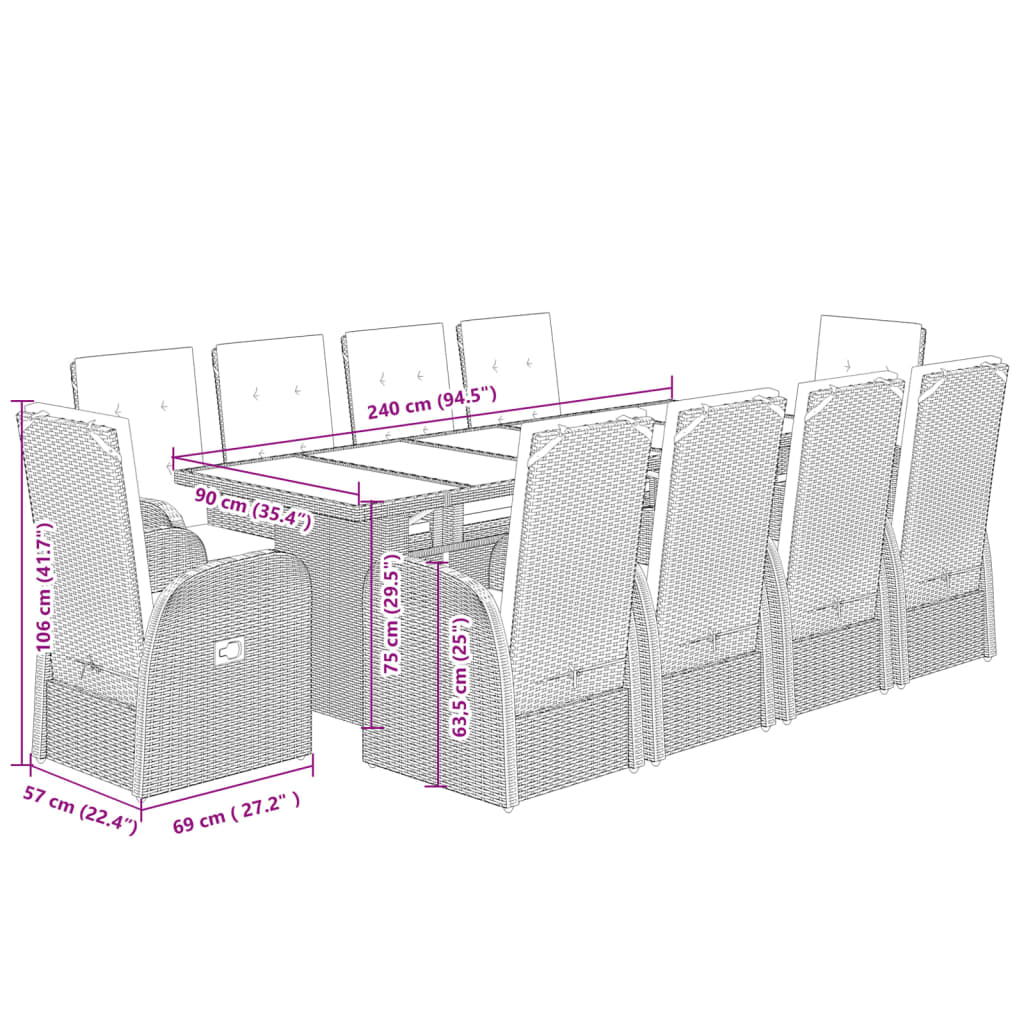 Set da Pranzo da Giardino 9 pz con Cuscini in Polyrattan Grigio | homemem39