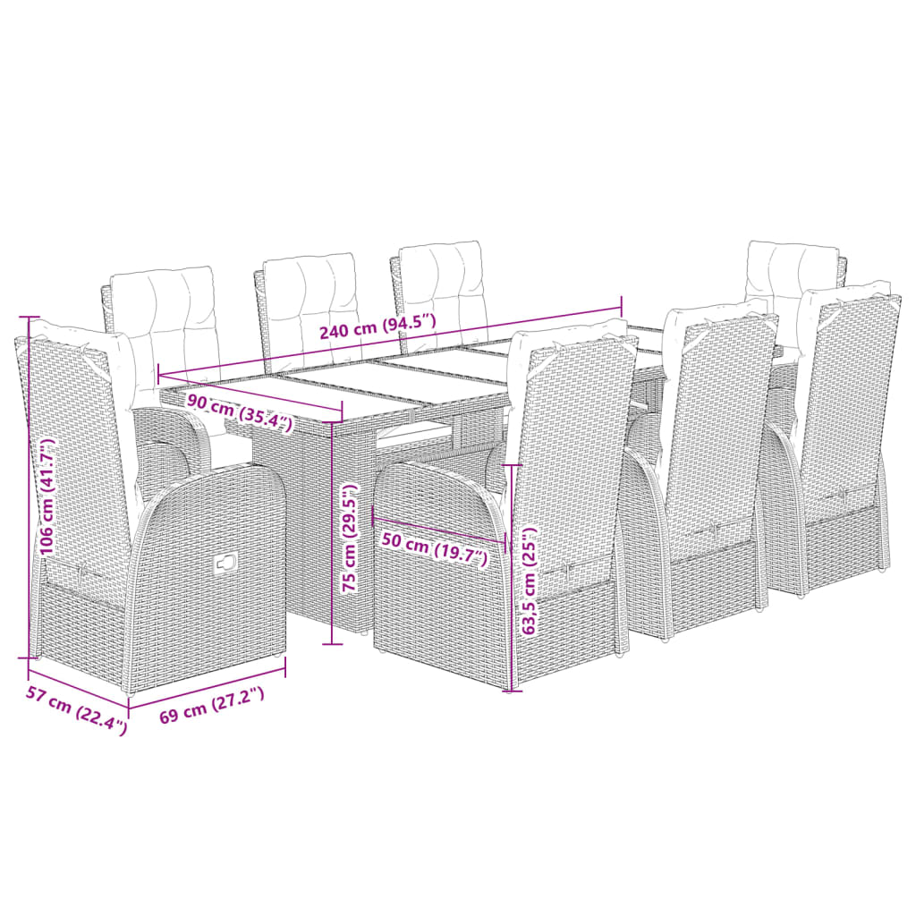 Set da Pranzo da Giardino 9 pz con Cuscini Nero in Polyrattan | homemem39