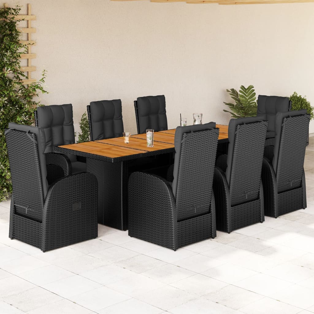 Set da Pranzo da Giardino 9 pz con Cuscini Nero in Polyrattan | homemem39