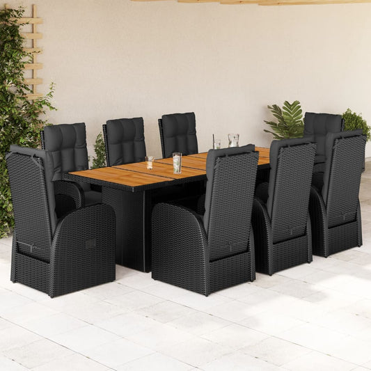 Set da Pranzo da Giardino 9 pz con Cuscini Nero in Polyrattan | homemem39