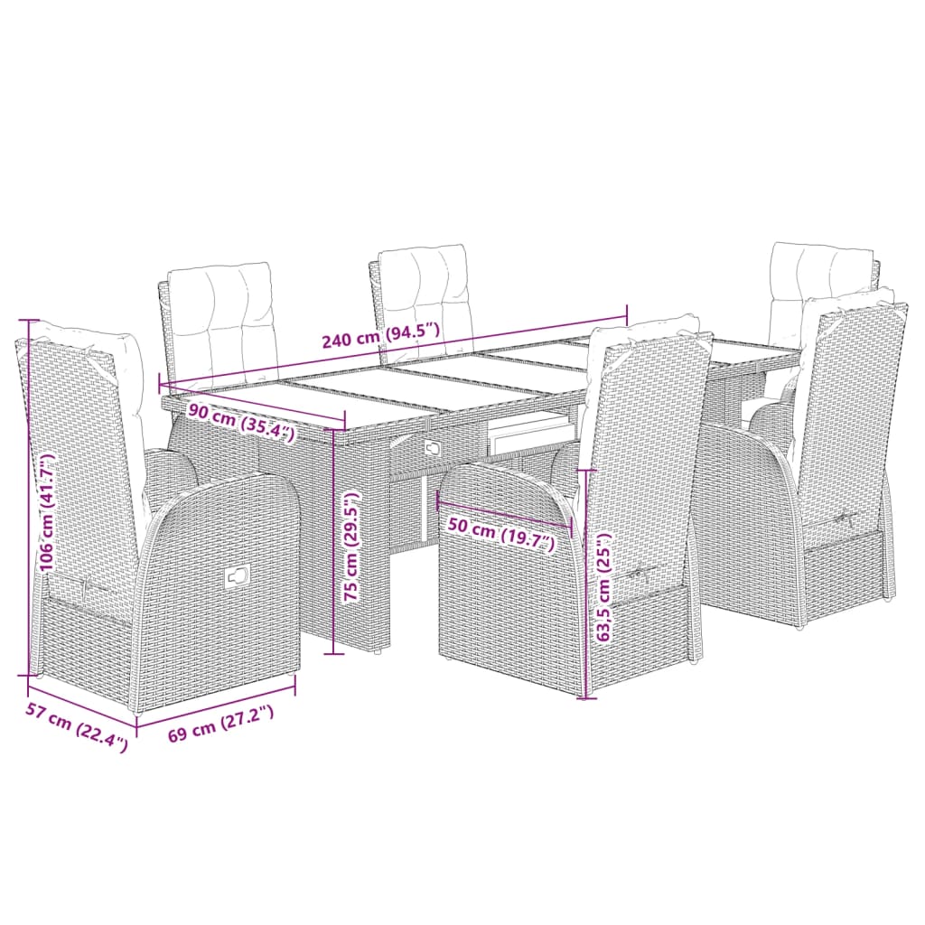 Set da Pranzo da Giardino 7 pz Nero con Cuscini in Polyrattan | homemem39