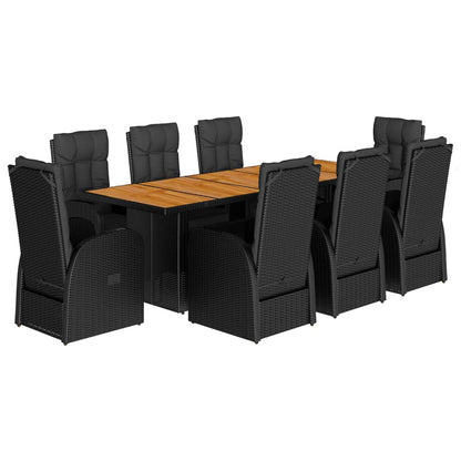 Set da Pranzo da Giardino 9 pz con Cuscini Nero in Polyrattan