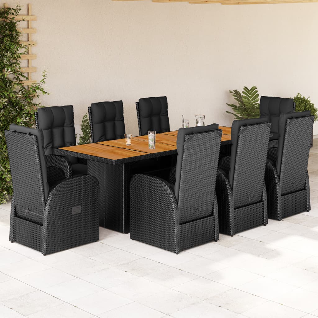 Set da Pranzo da Giardino 9 pz con Cuscini Nero in Polyrattan | homemem39