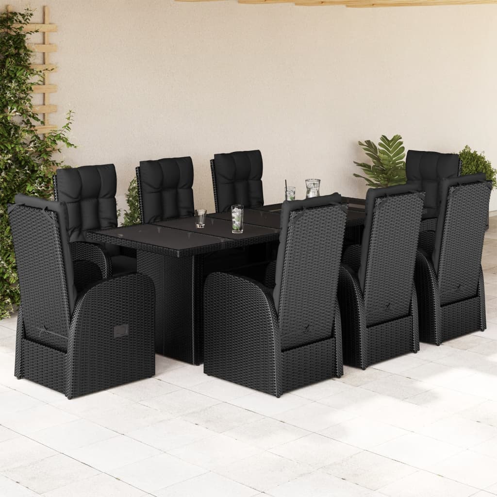 Set da Pranzo da Giardino 9 pz con Cuscini Nero in Polyrattan | homemem39