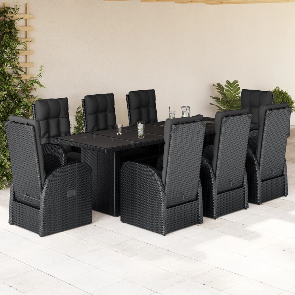 Set da Pranzo da Giardino 9 pz con Cuscini Nero in Polyrattan | homemem39