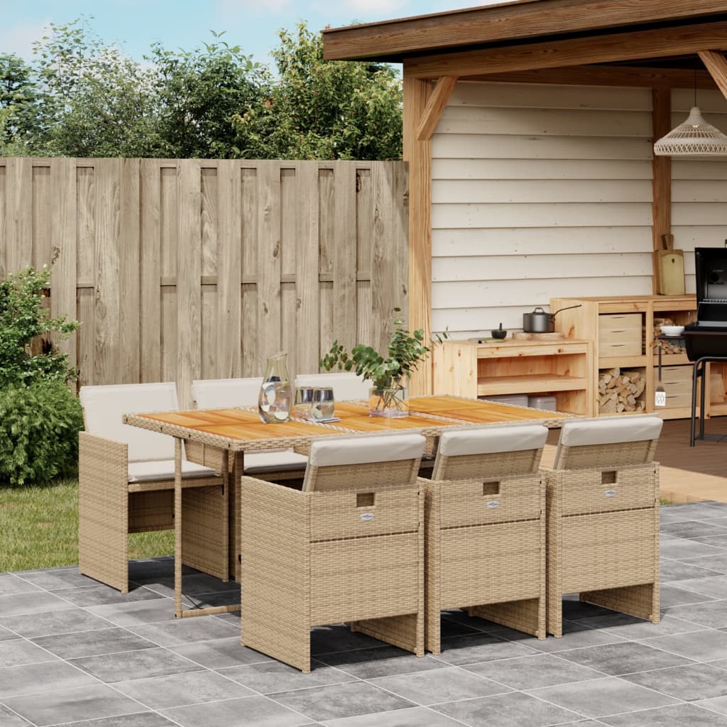Set da Pranzo da Giardino 7 pz con Cuscini Beige in Polyrattan - homemem39