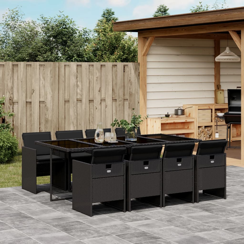 Set da Pranzo da Giardino 9 pz con Cuscini Nero in Polyrattan | homemem39