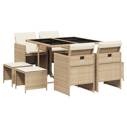 Set da Pranzo da Giardino 9 pz con Cuscini Beige in Polyrattan - homemem39