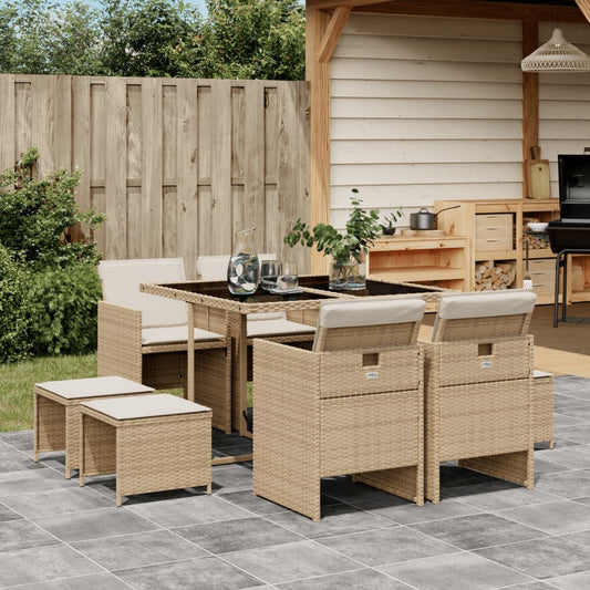 Set da Pranzo da Giardino 9 pz con Cuscini Beige in Polyrattan - homemem39