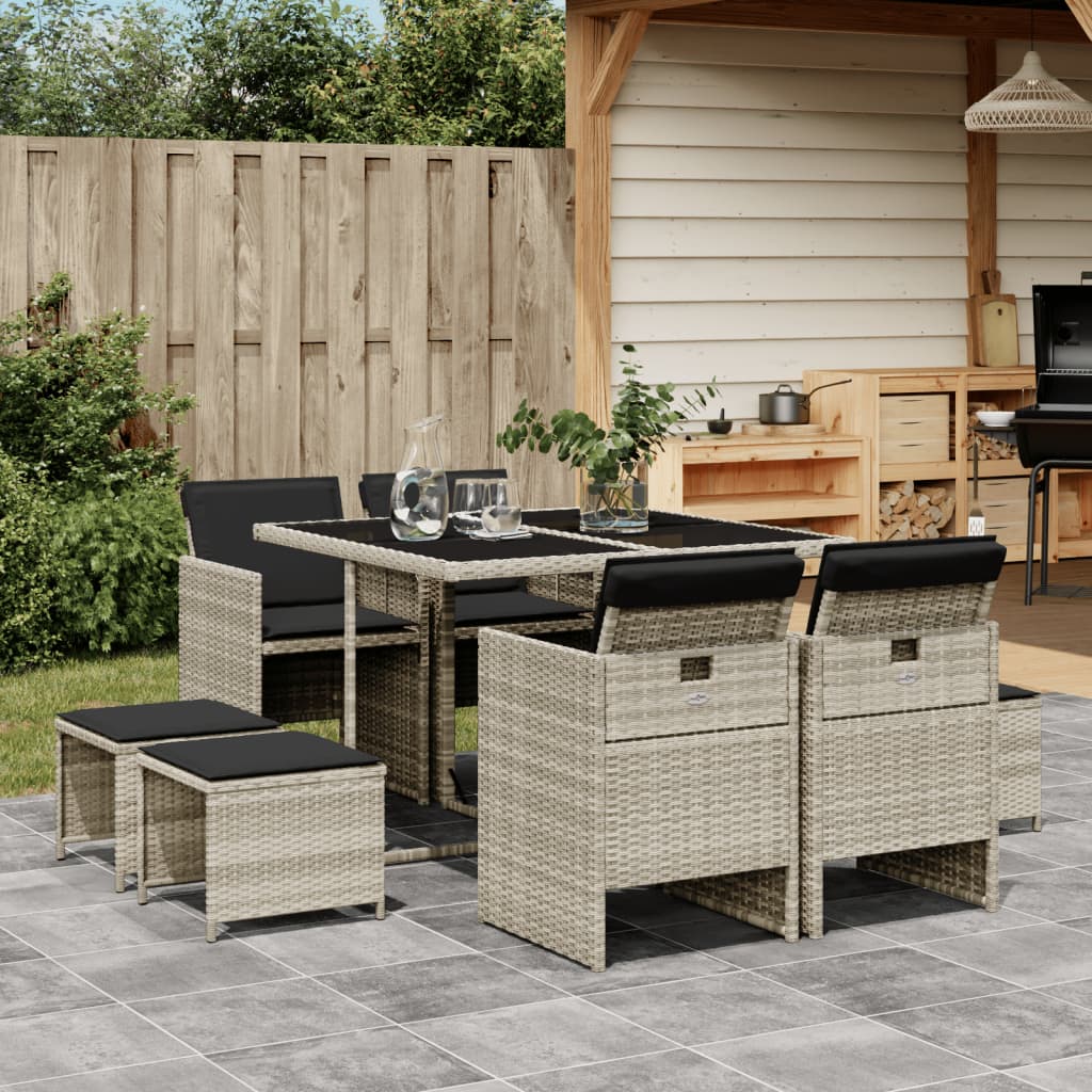 Set Pranzo da Giardino 9pz con Cuscini Grigio Chiaro Polyrattan | homemem39