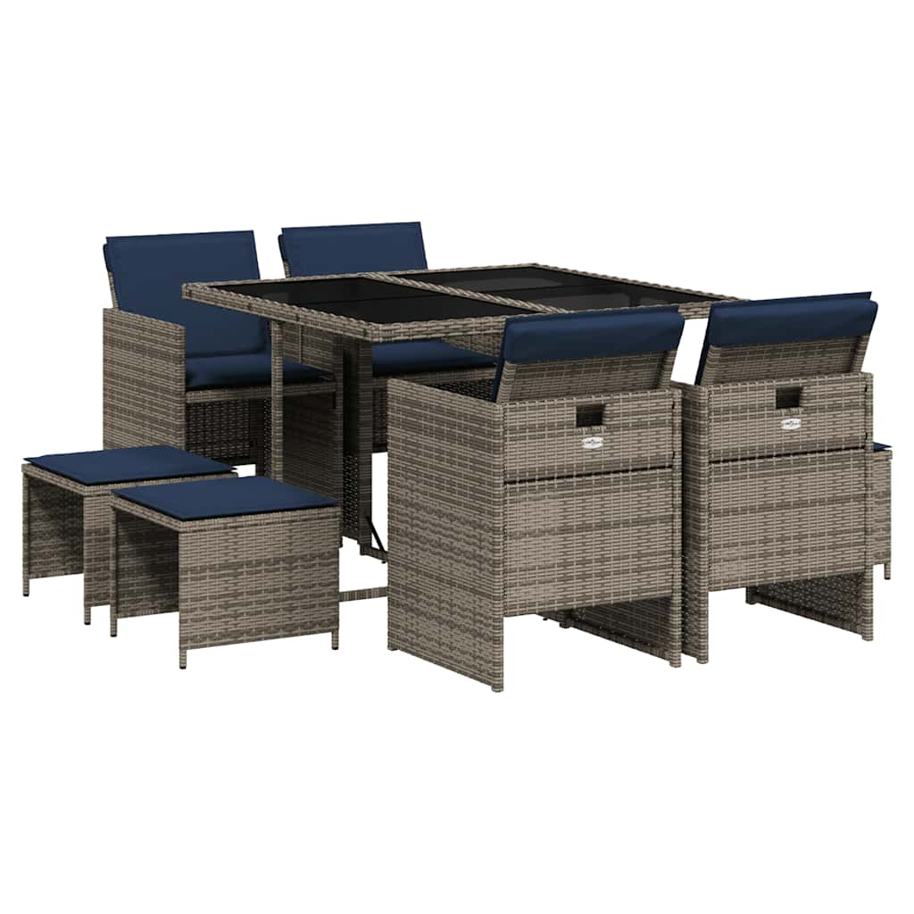 Set da pranzo da giardino da 9 pz con Cuscini in Polyrattan Grigio