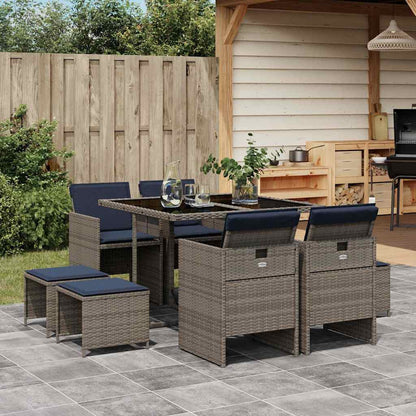 Set da pranzo da giardino da 9 pz con Cuscini in Polyrattan Grigio