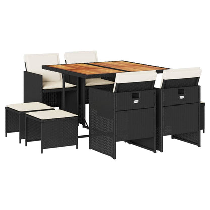 Set da Pranzo da Giardino 9 pz con Cuscini Nero in Polyrattan | homemem39