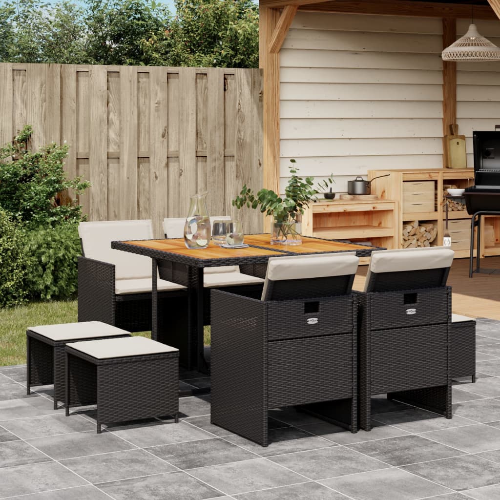 Set da Pranzo da Giardino 9 pz con Cuscini Nero in Polyrattan | homemem39