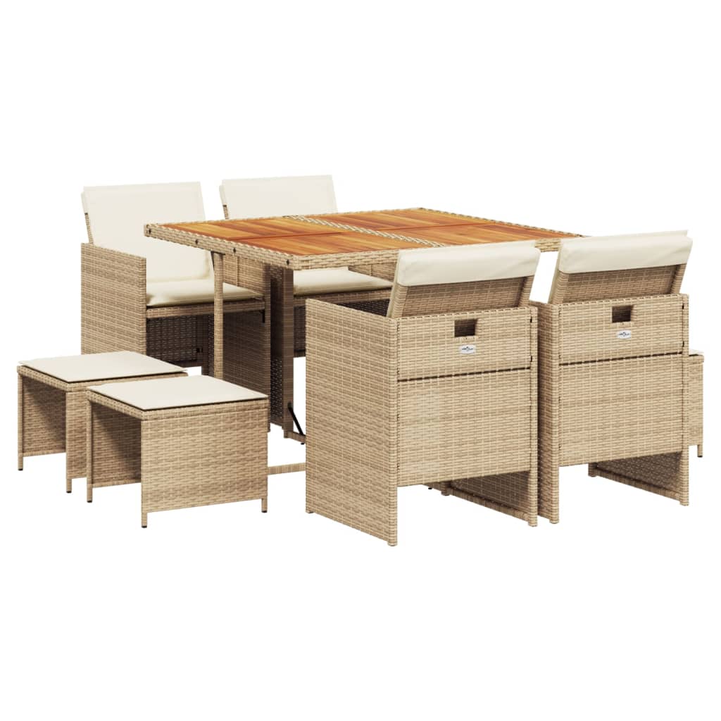Set da Pranzo da Giardino 9 pz con Cuscini Beige in Polyrattan - homemem39