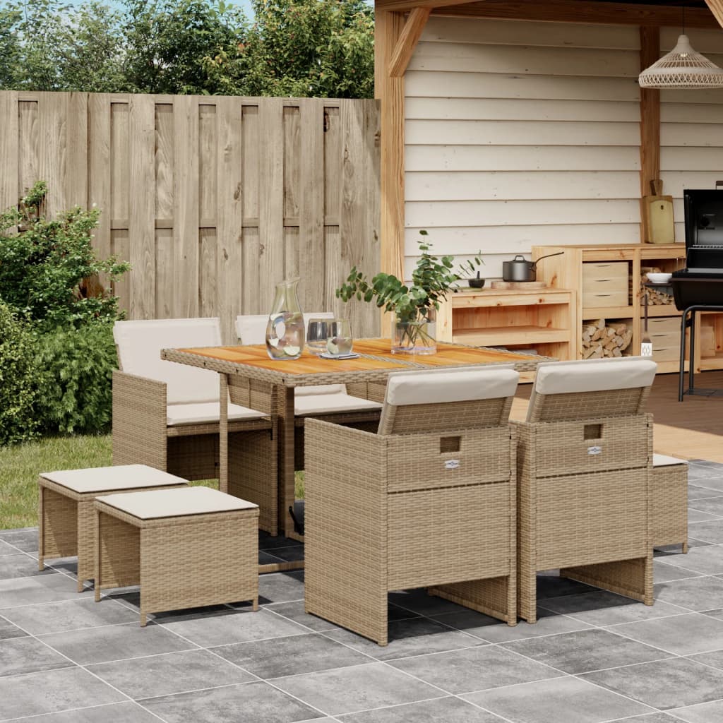 Set da Pranzo da Giardino 9 pz con Cuscini Beige in Polyrattan - homemem39
